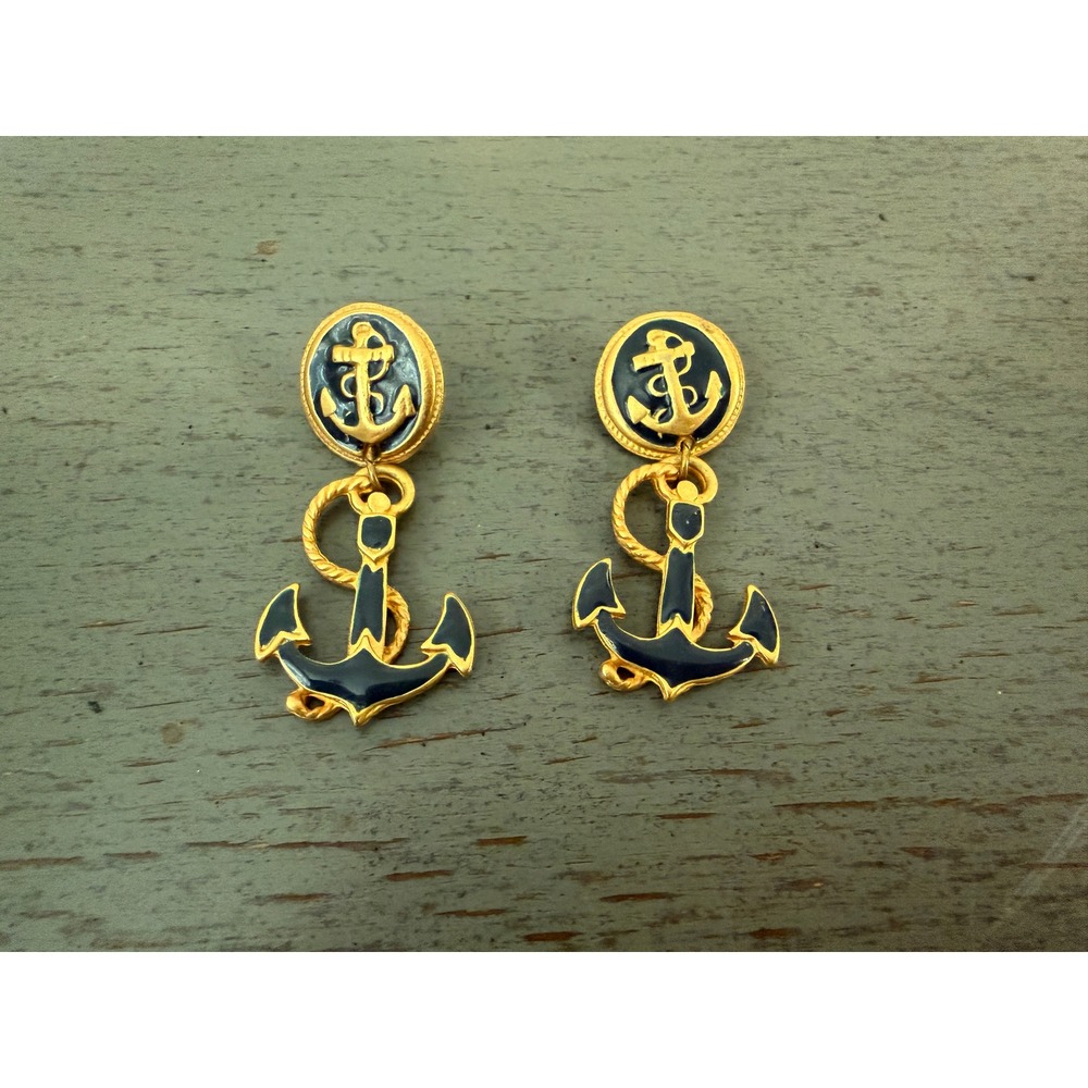 Vintage Nautical Anchor Drop Earrings Gold Tone Navy Blue Enamel Coastal Preppy